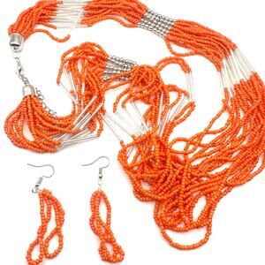 Paparrazi Necklace Set Earring Seed Bead Jewelry 26" - 28" long Orange Silver